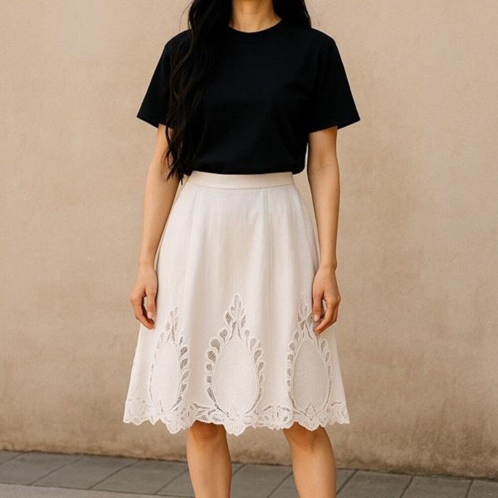 Cynthia Rowley Women’s Linen White Embroidered Lace Skirt Size 8